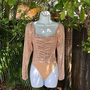 LULUS Sparkly Sweetie Rose Gold Sequin Long Sleeve Bodysuit size x small